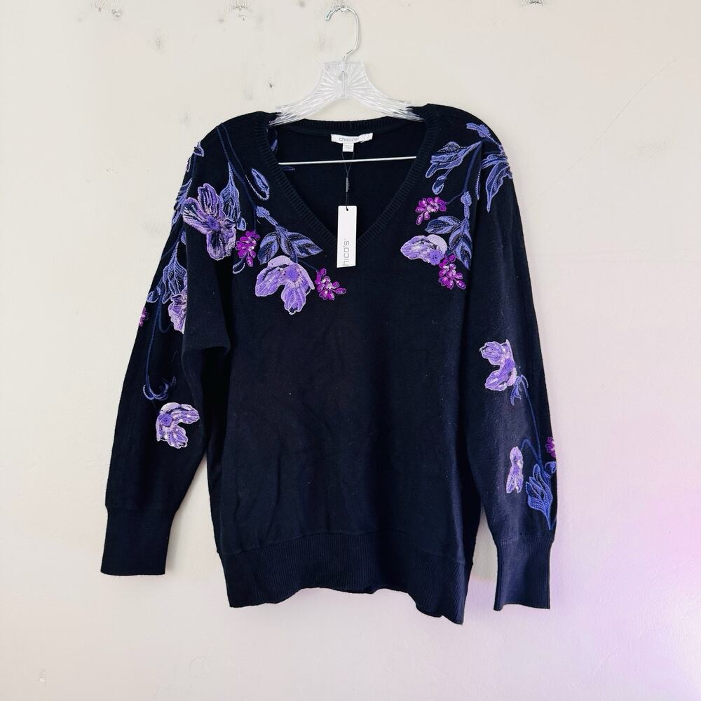 Chico's V-Neck Dolman Sleeve sweater Purple Floral Woman’s Size L